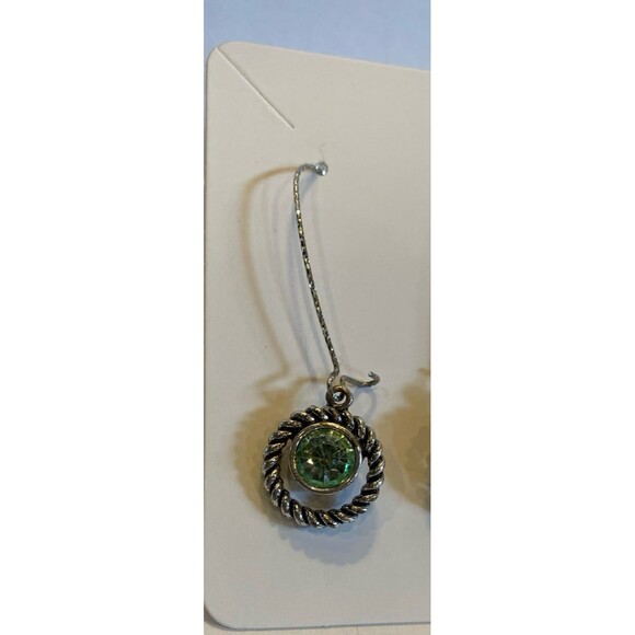 Earrings Dangle Drop Sparkly Vintage Silver Designer Look w/ Glam Green Stone - Picture 3 of 7